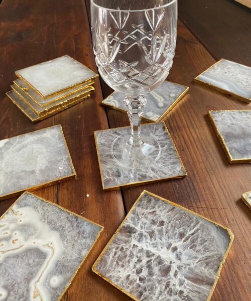 White Agate Premium Microcrystalline Quartz Coasters Square Shape 24ct Gold Edge (set of 4) Gift