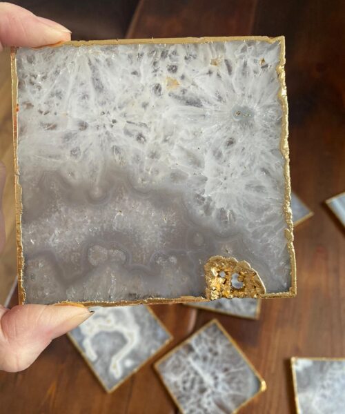White Agate Premium Microcrystalline Quartz Coasters Square Shape 24ct Gold Edge (set of 4) Gift - Image 8