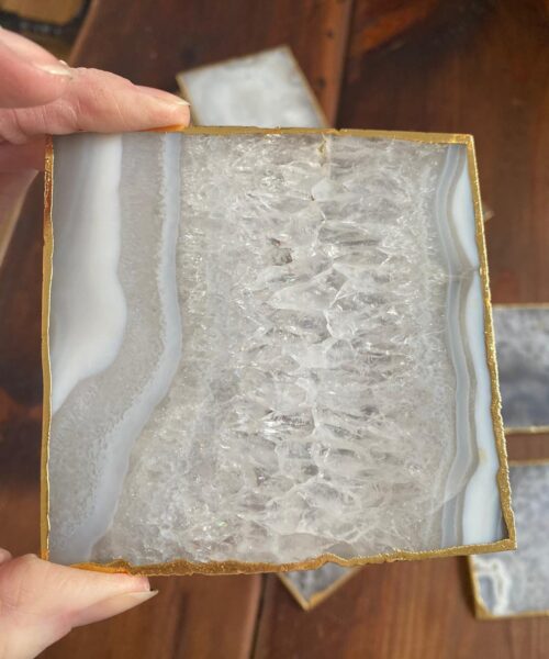 White Agate Premium Microcrystalline Quartz Coasters Square Shape 24ct Gold Edge (set of 4) Gift - Image 9