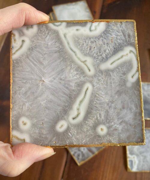 White Agate Premium Microcrystalline Quartz Coasters Square Shape 24ct Gold Edge (set of 4) Gift - Image 10
