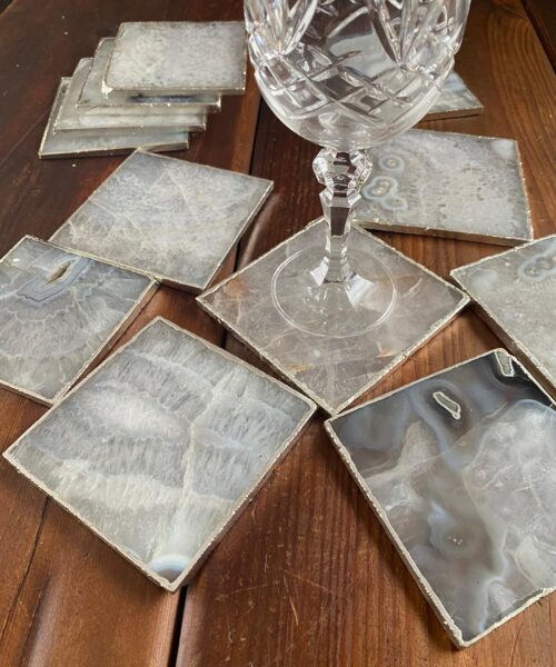 Alternative view of White Agate Premium Microcrystalline Quartz Coasters Square Shape Silver Edge (set of 4) Gift