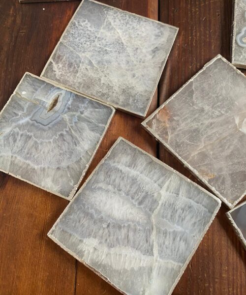 White Agate Premium Microcrystalline Quartz Coasters Square Shape Silver Edge (set of 4) Gift - Image 4