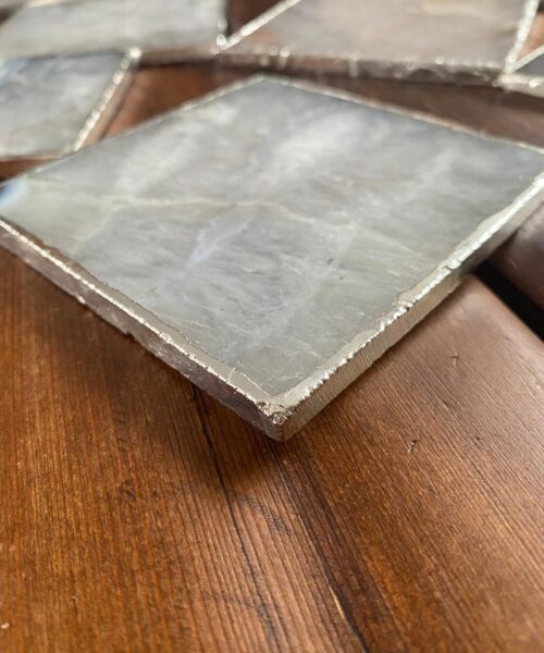 White Agate Premium Microcrystalline Quartz Coasters Square Shape Silver Edge (set of 4) Gift - Image 6