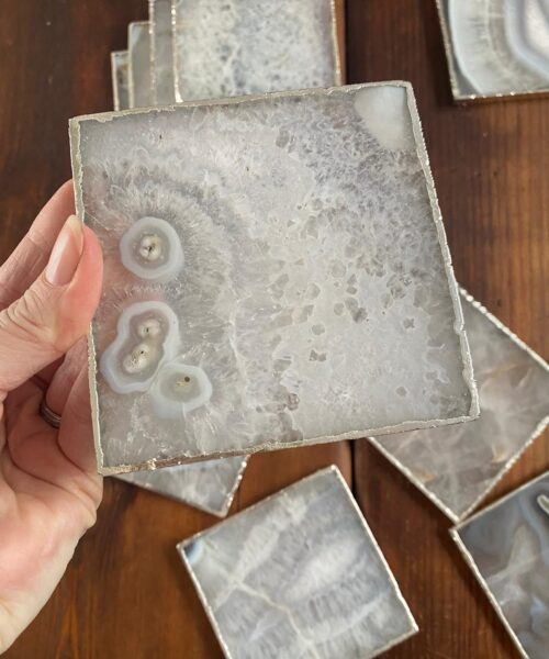 White Agate Premium Microcrystalline Quartz Coasters Square Shape Silver Edge (set of 4) Gift - Image 8