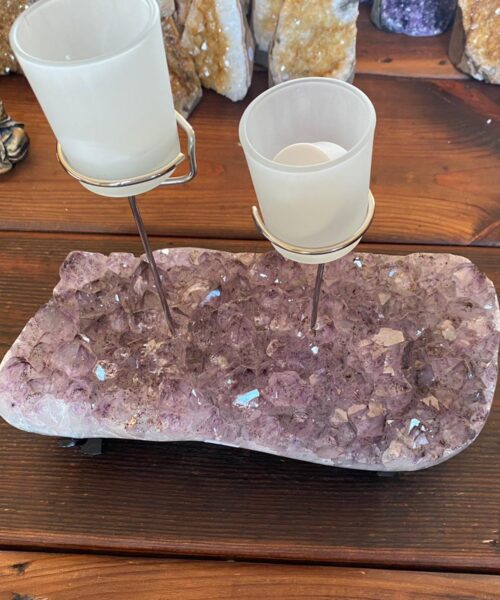 Alternative view of Very Large Huge Premium Amethyst 8 Cluster Druzy Candle / 2 Cup Tealight Holders Approx. 5.607kg - L31xD14xH30cm