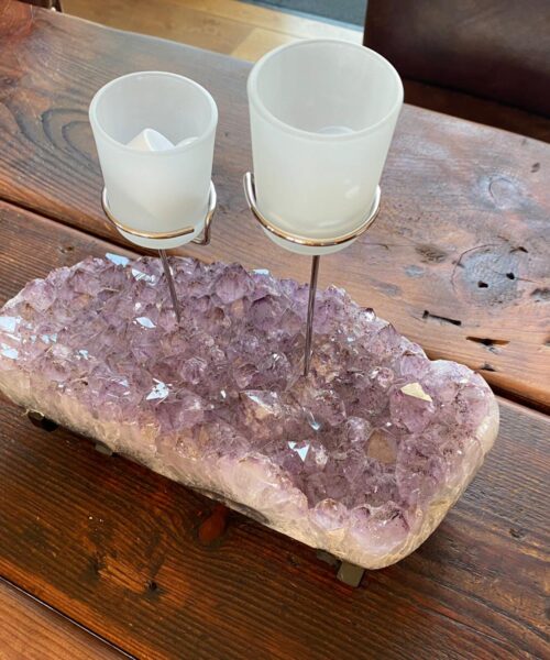 Very Large Huge Premium Amethyst 8 Cluster Druzy Candle / 2 Cup Tealight Holders Approx. 5.607kg - L31xD14xH30cm
