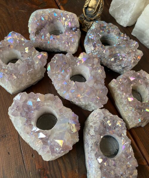 Very Large Premium A Grade Amethyst Angel Aura Cluster Druzy Candle / Tealight Holders