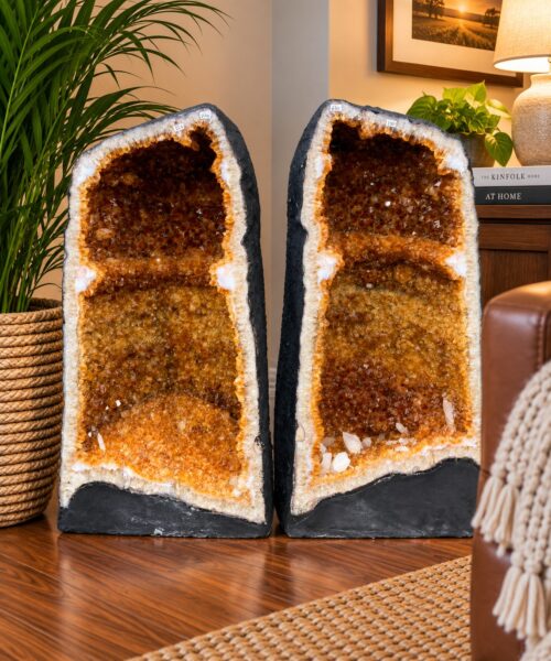 Tall Citrine Geode PAIR 329-330 Crystal Cluster Druzy Premium Grade 61kg each H66xW32xD29cm