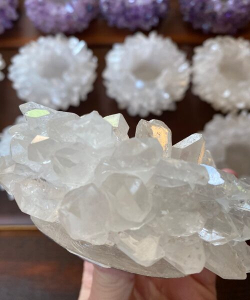 Premium Clear Crystal White Quartz Cluster Point Flower Petal Gemstone Druzy Candle / Tealight Holders Gift - Image 8
