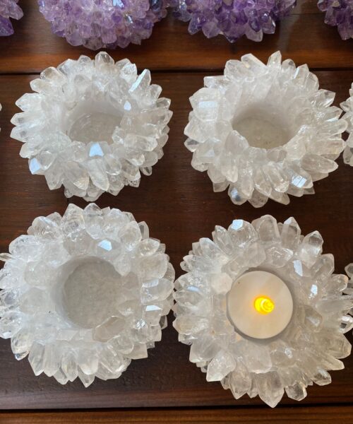 Premium Clear Crystal White Quartz Cluster Point Flower Petal Gemstone Druzy Candle / Tealight Holders Gift - Image 10
