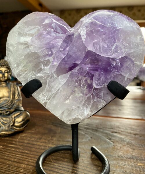 Large – Amethyst Heart 2 Iron Base Purple Quartz Geode Crystal 1.174kg H14.5xW12xD5cm