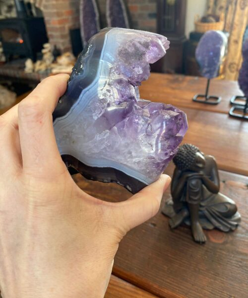 Alternative view of Premium High Grade Amethyst Druzy 27 Geode Cluster Piece on Iron Base 1.030g H19xW7xD10cm