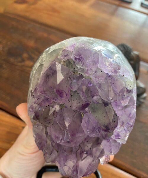 Alternative view of Large Premium High Grade Amethyst Druzy 35 Geode Cluster Piece on Iron Base 932g H16xW9xD6cm