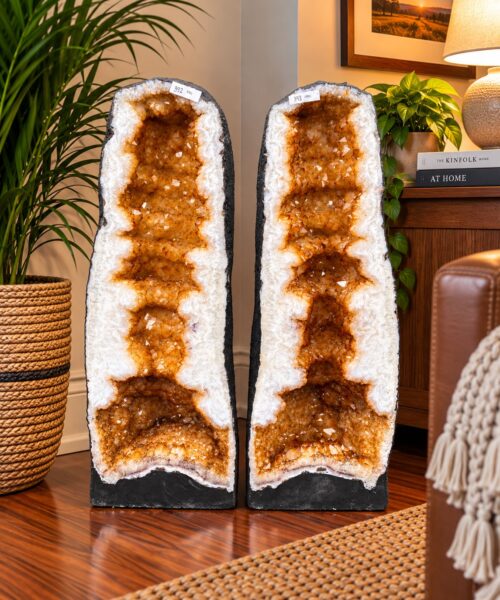 Tall Citrine Geode PAIR 392 & 393 Crystal Cluster Druzy Premium Grade 40kg each H66xW26xD20cm