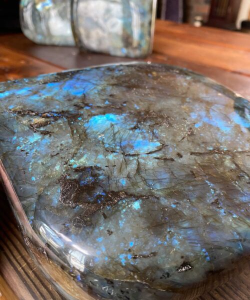 Alternative view of HUGE Blue Labradorite Freeform 30 Self Standing Healing Crystal Natural Polished Crystal Gem 6.550g – H16xW15xD9cm