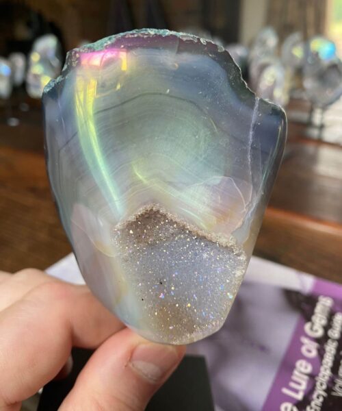 Premium High Grade Amethyst Angel Aura Geode on Stand 43 Mini Geode 336g H14xW7xD5cm - Image 3