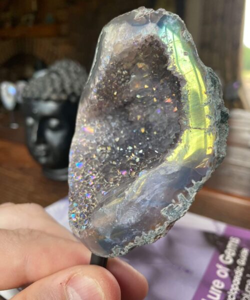 Premium High Grade Amethyst Angel Aura Geode on Stand 49 Mini Geode 280g H13.5xW8xW4.5cm - Image 3