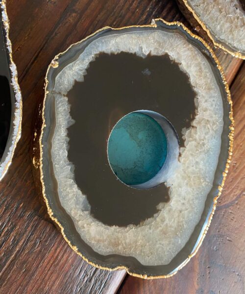 Large Black Agate Slice Microcrystalline Quartz Gold Gilded 24ct Tealight Candle Holder - Image 8