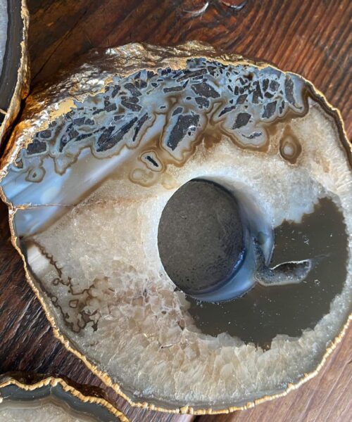 Large Black Agate Slice Microcrystalline Quartz Gold Gilded 24ct Tealight Candle Holder - Image 7