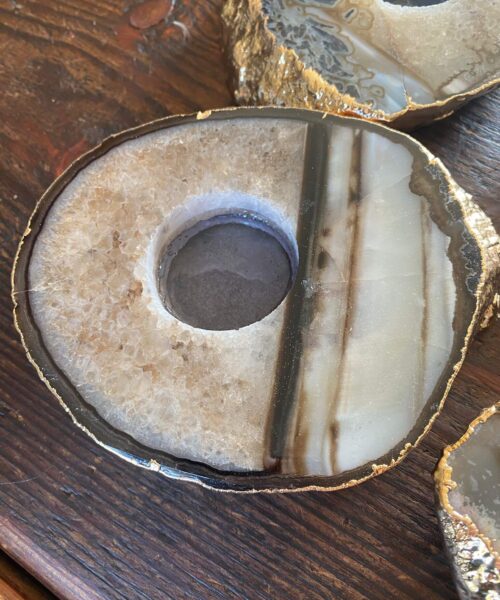 Large Black Agate Slice Microcrystalline Quartz Gold Gilded 24ct Tealight Candle Holder - Image 5