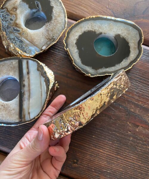 Large Black Agate Slice Microcrystalline Quartz Gold Gilded 24ct Tealight Candle Holder - Image 4
