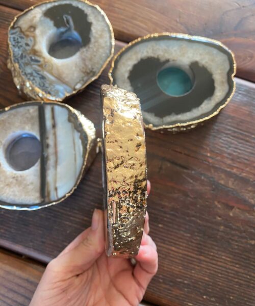 Large Black Agate Slice Microcrystalline Quartz Gold Gilded 24ct Tealight Candle Holder - Image 3