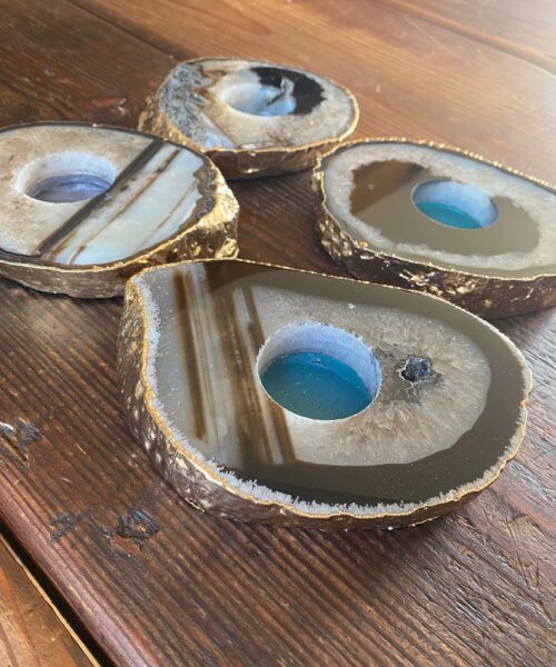 Alternative view of Large Black Agate Slice Microcrystalline Quartz Gold Gilded 24ct Tealight Candle Holder