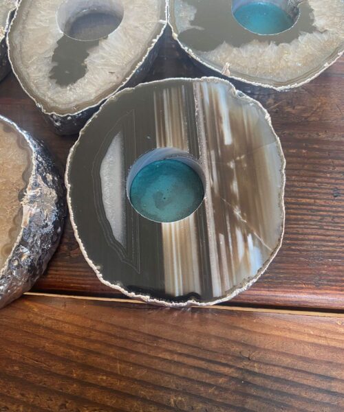 Large Black Agate Slice Microcrystalline Quartz Silver Gilded Tealight Candle Holder - Image 9