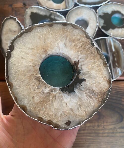 Large Black Agate Slice Microcrystalline Quartz Silver Gilded Tealight Candle Holder - Image 8