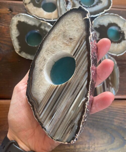 Large Black Agate Slice Microcrystalline Quartz Silver Gilded Tealight Candle Holder - Image 7