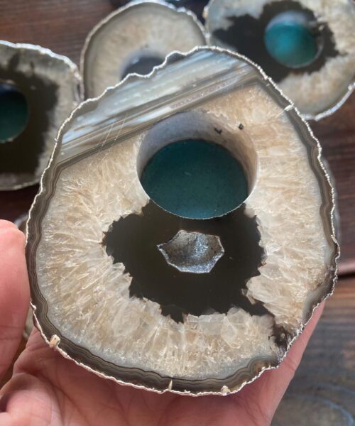 Large Black Agate Slice Microcrystalline Quartz Silver Gilded Tealight Candle Holder