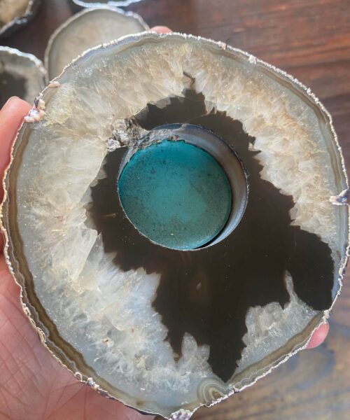 Large Black Agate Slice Microcrystalline Quartz Silver Gilded Tealight Candle Holder - Image 5