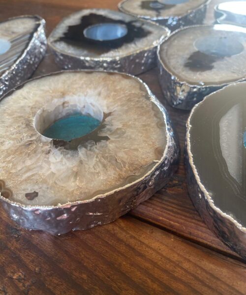 Large Black Agate Slice Microcrystalline Quartz Silver Gilded Tealight Candle Holder - Image 4