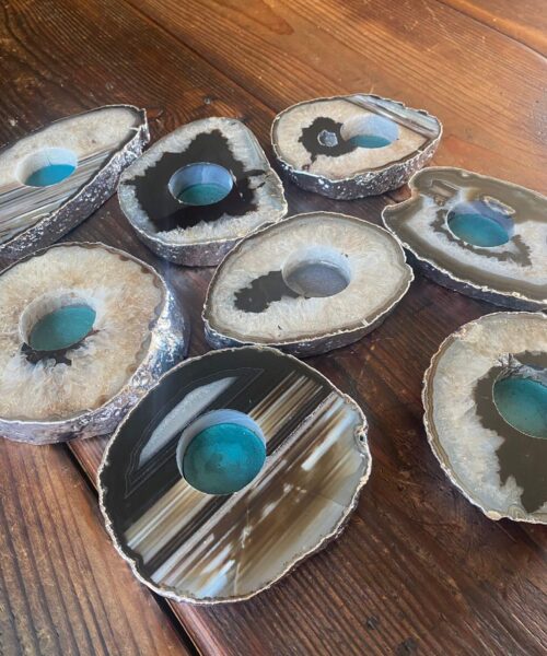 Large Black Agate Slice Microcrystalline Quartz Silver Gilded Tealight Candle Holder - Image 3