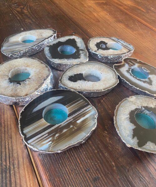 Alternative view of Large Black Agate Slice Microcrystalline Quartz Silver Gilded Tealight Candle Holder