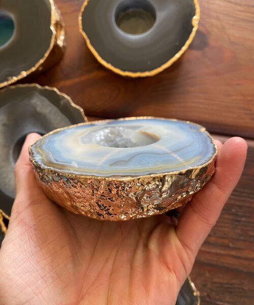 Alternative view of Large Grey - Natural Agate Slice Microcrystalline Quartz Gold Gilded 24ct Tealight Candle Holder
