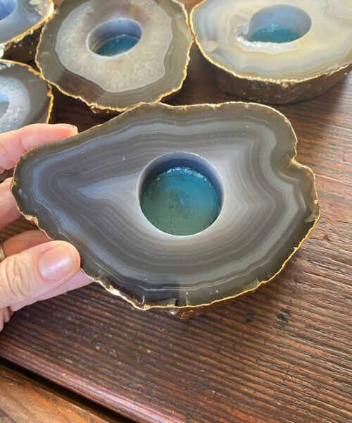 Large Grey - Natural Agate Slice Microcrystalline Quartz Gold Gilded 24ct Tealight Candle Holder