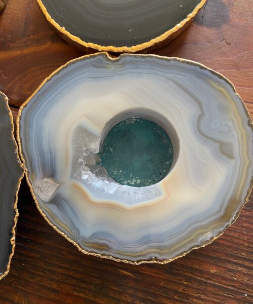 Large Grey - Natural Agate Slice Microcrystalline Quartz Gold Gilded 24ct Tealight Candle Holder - Image 9
