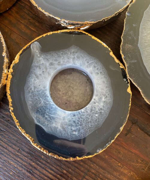 Large Grey - Natural Agate Slice Microcrystalline Quartz Gold Gilded 24ct Tealight Candle Holder - Image 8