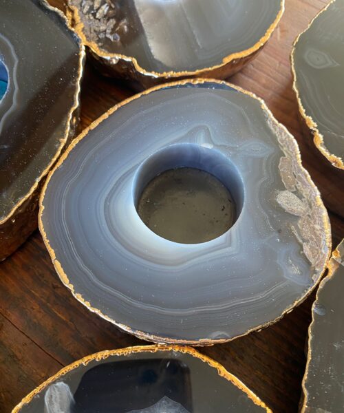 Large Grey - Natural Agate Slice Microcrystalline Quartz Gold Gilded 24ct Tealight Candle Holder - Image 7