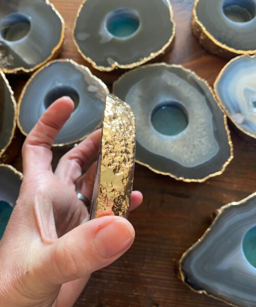 Large Grey - Natural Agate Slice Microcrystalline Quartz Gold Gilded 24ct Tealight Candle Holder - Image 5