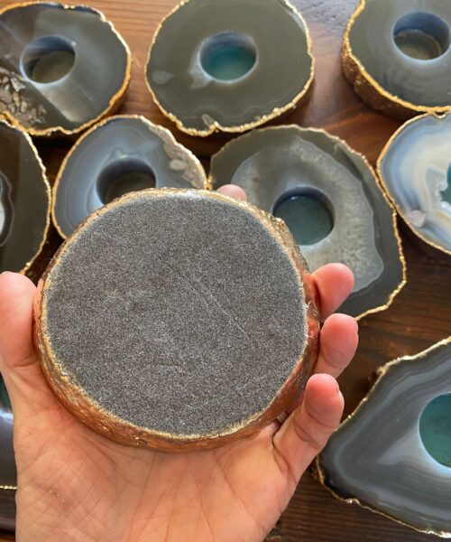 Large Grey - Natural Agate Slice Microcrystalline Quartz Gold Gilded 24ct Tealight Candle Holder - Image 4