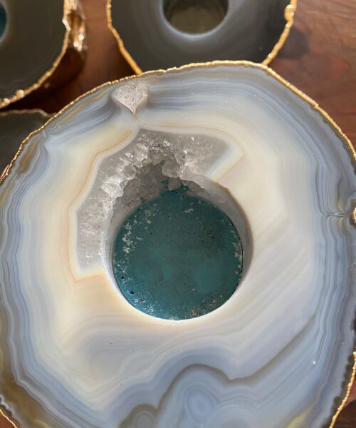 Large Grey - Natural Agate Slice Microcrystalline Quartz Gold Gilded 24ct Tealight Candle Holder - Image 3