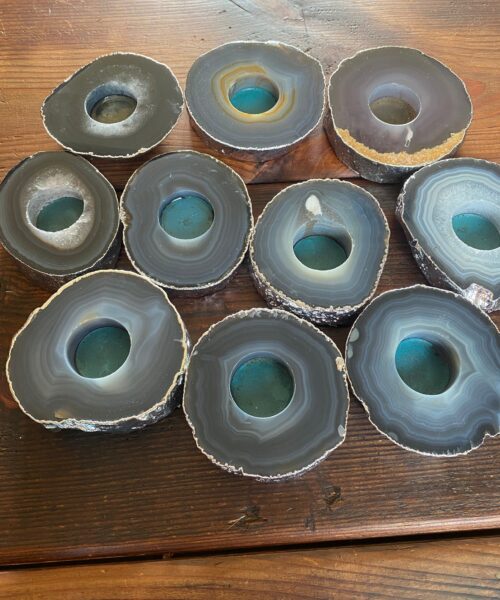 Large Grey - Natural Agate Slice Microcrystalline Quartz Silver Gilded Tealight Candle Holder - Image 12