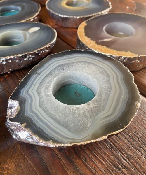 Large Grey - Natural Agate Slice Microcrystalline Quartz Silver Gilded Tealight Candle Holder - Image 3