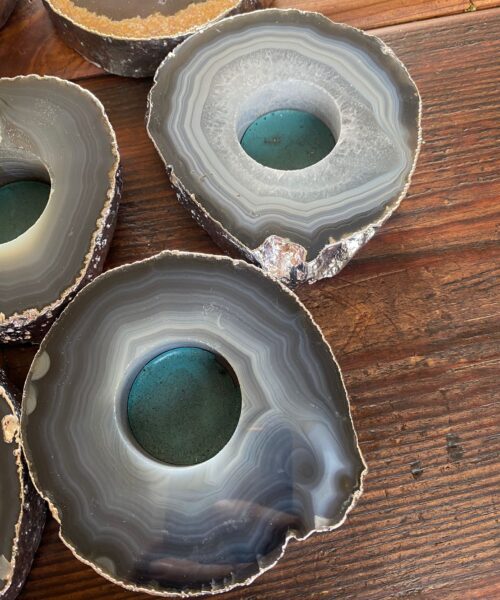 Large Grey - Natural Agate Slice Microcrystalline Quartz Silver Gilded Tealight Candle Holder - Image 11