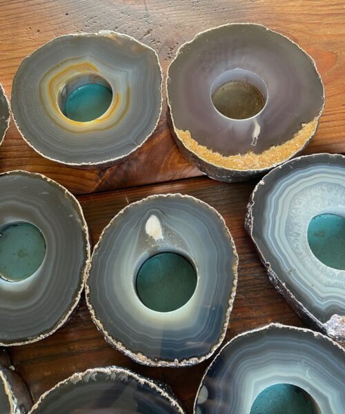 Large Grey - Natural Agate Slice Microcrystalline Quartz Silver Gilded Tealight Candle Holder - Image 10