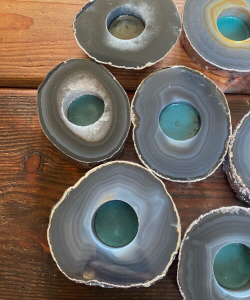 Large Grey - Natural Agate Slice Microcrystalline Quartz Silver Gilded Tealight Candle Holder - Image 9