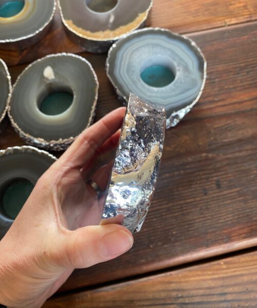 Large Grey - Natural Agate Slice Microcrystalline Quartz Silver Gilded Tealight Candle Holder - Image 7