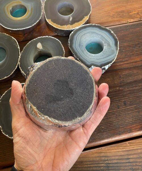 Large Grey - Natural Agate Slice Microcrystalline Quartz Silver Gilded Tealight Candle Holder - Image 6